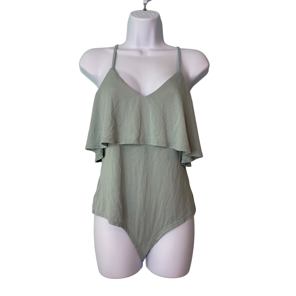 LA Hearts Sage Green Ruffle V-Neck Bodysuit Size M Spaghetti Strap Festival Boho